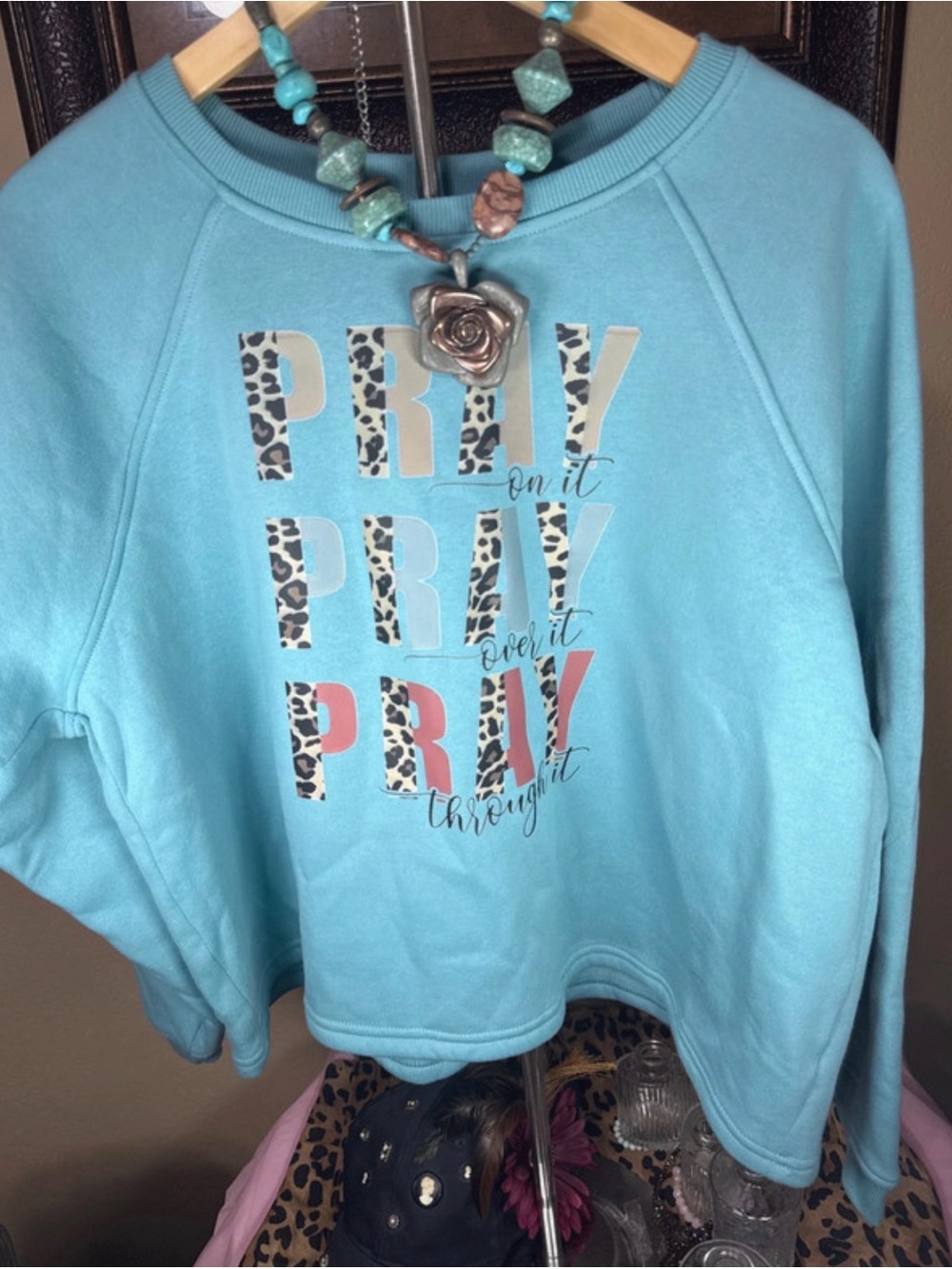Revamped Zenana Turquoise Sweatshirt, w/ PRAY Graphic with Leopard Accent